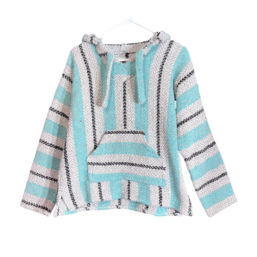 Earth Ragz Size Small Baja Hoodie Turquoise Teal Grey Striped Mexican Poncho - Picture 2 of 13